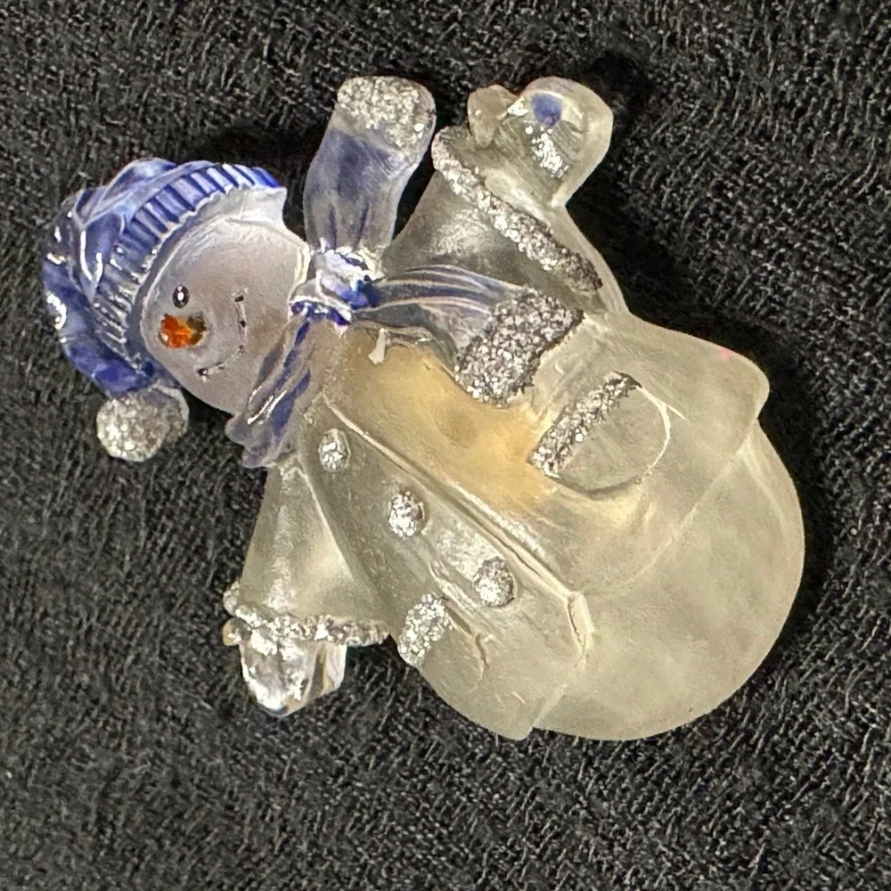 Snowman Brooch Pin Clear Acrylic Blue Hat Glitter Holiday Winter